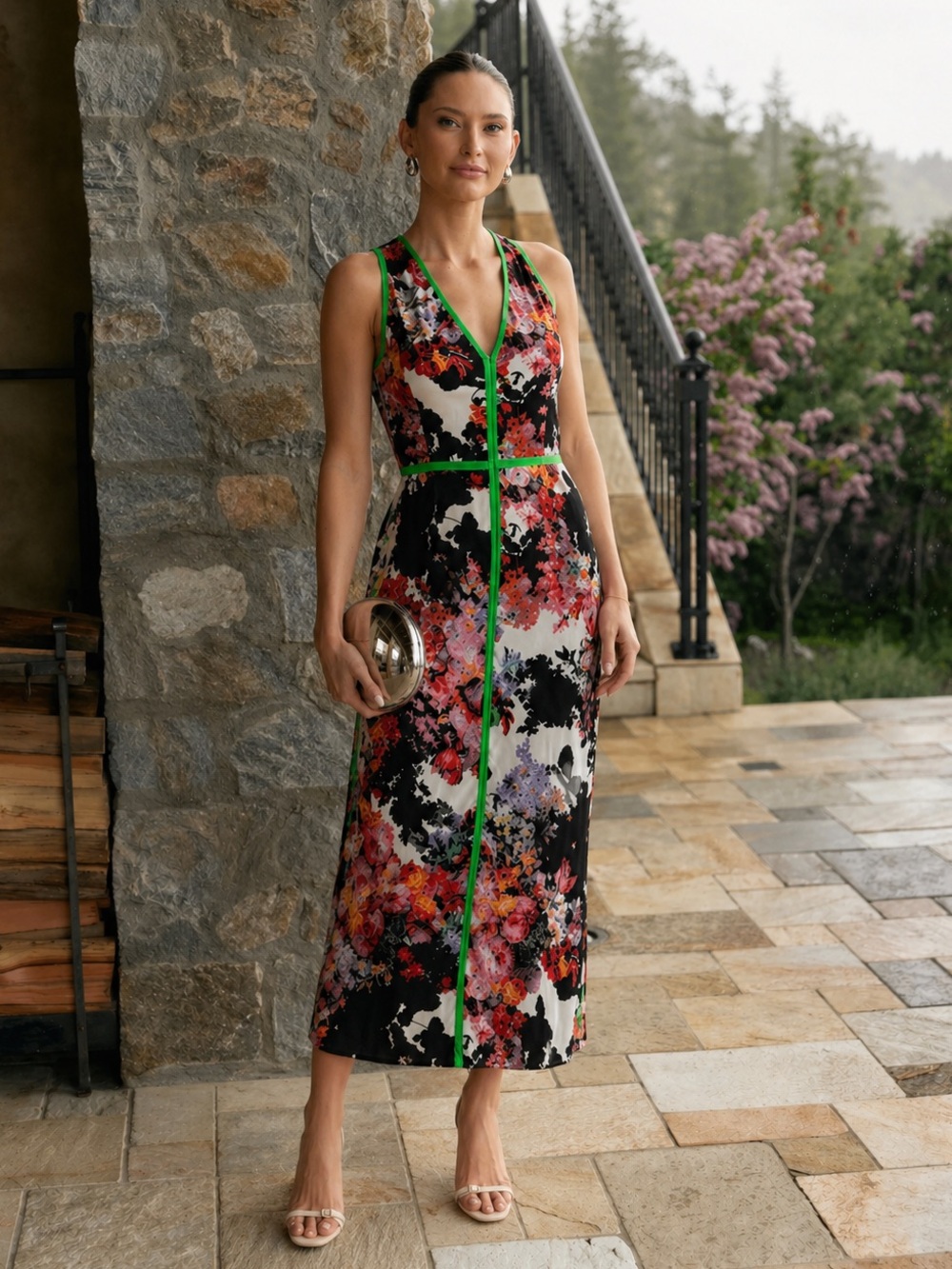 [s] NEIMAN MARCUS Dress Floral Print Midi with Green Trim wedding guest summer